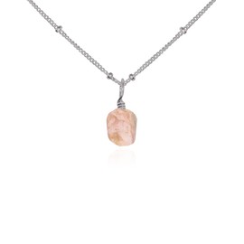 Pink Peruvian Opal Raw Crystal Pendant Necklace in Stainless Steel Satellite