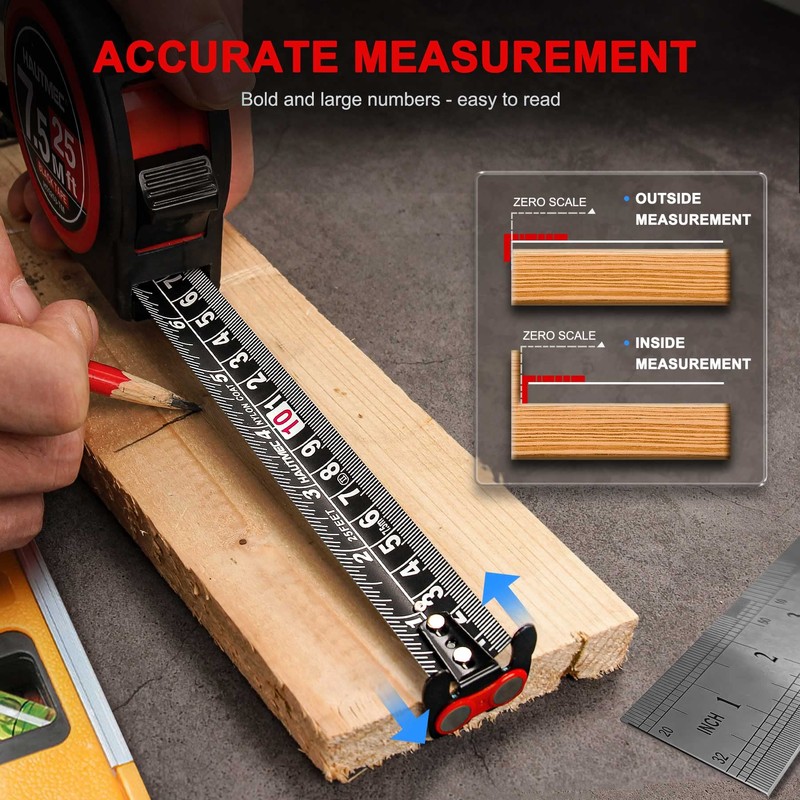 HAUTMEC Tape Measure25ft with Magnetic Hook and Dual Lock, High