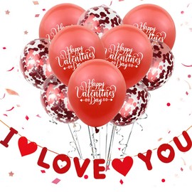 10Pcs Red Balloons, 1 I LOVE YOU Banner Mother's day Decorations, 5pcs Latex and 5pcs Confetti Balloons with a Red Ribbon for Valentines Day,Anniversary,Wedding Party