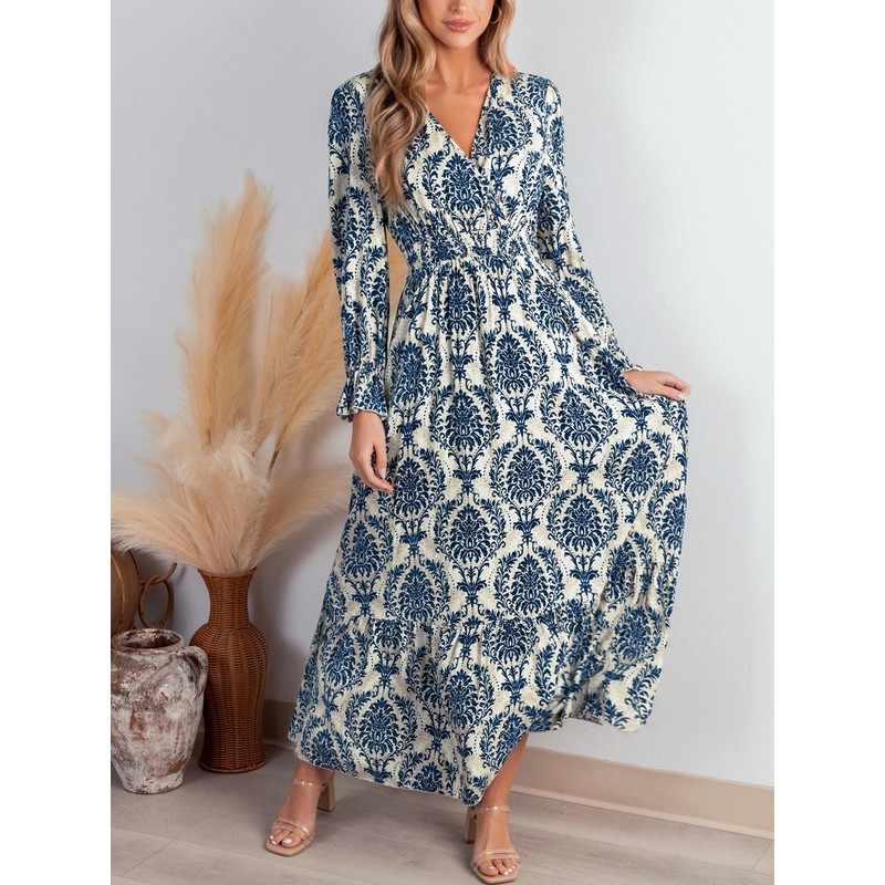 CUPSHE Maxi Dresses for Women V Neck Ruffled Long Sleeve