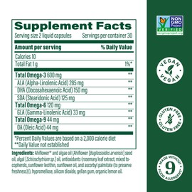 MegaFood Vegan Omega 3 6 9 - Burp-Less Supplement - 600 mg Plant-Based Omega-3 & 150 mg DHA Per Serving - Heart, Brain, Vision & Joint Support - Fish Oil Alternative - 60 Capsules, 30 Servings