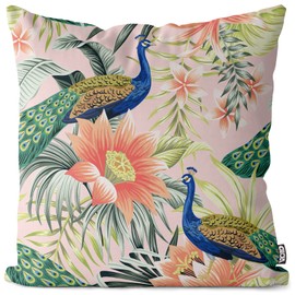 VOID Tropical Bird Peacock Hibiscus Cushion Cover Sofa Cushion Decoration Easter Outdoor Cushion Decorative Cushion Size: 80 x 80 cm