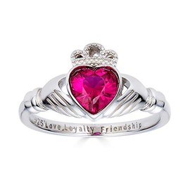 925 Sterling Silver Love Loyalty Friendship Engraved Claddagh CZ Ruby Ring.