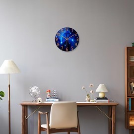 Constantplanet Blue Wall Clock Battery Operated - 14 Inch Modern Wall Clock Non Ticking - Glass Clock for Bedroom Living Room Office Kitchen Dining Room