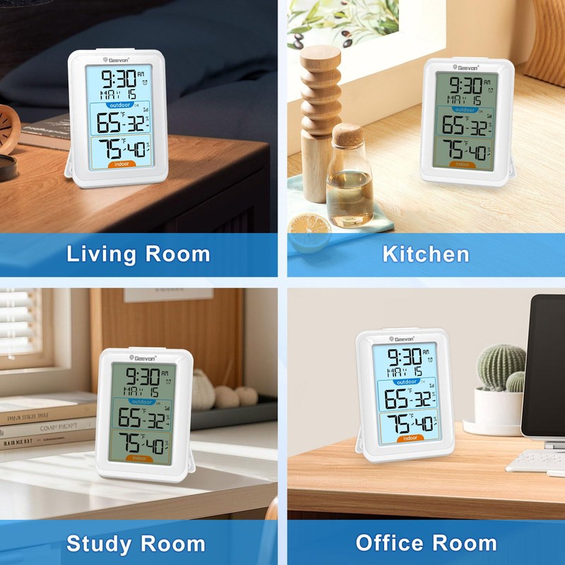 Geevon Digital Hygrometer Indoor Outdoor Thermometer Wireless with Clock, Backlight