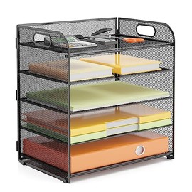 VIEERINN Organizador de bandeja de papel de 5 niveles con asas, organizador de archivos de escritorio de malla, soporte clasificador de papel de metal