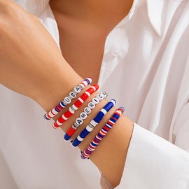 Ronglry 4th of July Bracelets Red White and Blue Bracelets USA Clay Bead Bracelet American Flag Bracelets Patriotic Beaded Stackable Bracelet Summer Beach Heishi Surfer Bracelet Set 4th of july Accessories for Women Men Independence Day Gifts-5PCS