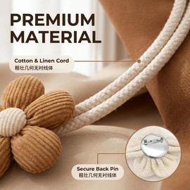 4Pcs Flower Curtain Tie Backs Hand Knitted Rope Tie Backs for Curtains with Adjustable Beads Cotton Linen Curtain Tiebacks White Flower Rope Design for Living Room Bedroom Office Decor Outdoor (Brown)