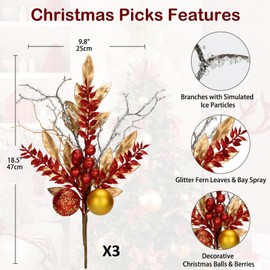 DILATATA 3 Pcs Christmas Glitter Leaves Fern Stems with Ball Ornament, Bay Leaves, 15 Inch Artificial Christmas Picks Floral Branches for Christmas Tree, Xmas Wreath, Centerpieces, Home Decor - Red