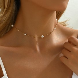 Nawflue Pearl Necklaces for Women 18K Gold Plated Dainty Cross Necklace Gold Flower Daisy Pearls Beaded Choker Necklace Trendy Stainless Steel Bridesmaid Wedding Jewelry
