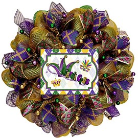 Mardi Gras Handmade Wreath With Jester Hat Deco Mesh Available in 24 inch and 28 inch diameters