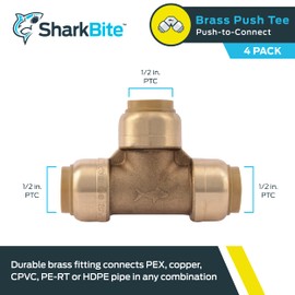 SharkBite 1/2 Inch Tee, Pack of 4, Push to Connect Brass Plumbing Fitting, PEX Pipe, Copper, CPVC, PE-RT, HDPE, U362LFA4