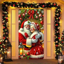 Christmas Door Cover Decoration - Santa & Mrs. Claus Backdrop, 71 x 35 Inch Hanging Cover, Funny Santa Banner for Christmas Party, New Year Photo Booth, and Holiday Decor