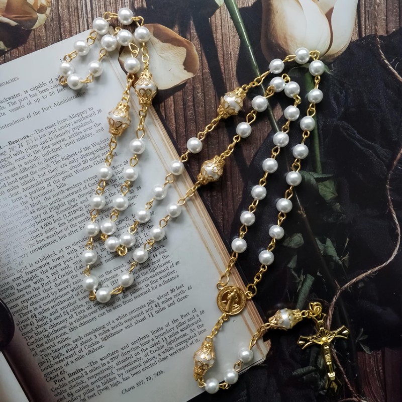 Rosary Beads Necklace for Women, Catholic Rosary, Artificial Pearl Rosary,