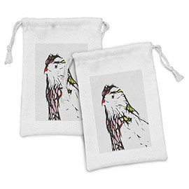 Lunarable Animal Fabric Pouch Set of 2, Chicken Bird Head Portrait Sketch with Colorful Details Caricature Pet Zoo Image, Small Drawstring Bag for Toiletries Masks and Favors, 9" x 6", Multicolor