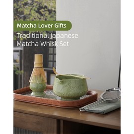 ZENS 6Pcs Japanese Matcha Set, Matcha Tea Ceremony Kit Includes Bamboo Whisk and Ceramic Bowl & (Chasen Holder) Scoop, Sifter and Towel for Matcha Lovers Gift, Making Latte, Emerald Green
