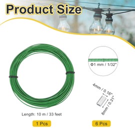 PATIKIL 1/32" Wire Rope, 33 ft 304 Stainless Steel Wire Cable Black Vinyl Coated with 20pcs M1 Crimping Sleeves for Hanging Lights Clotheslines Trellis Wire, Green