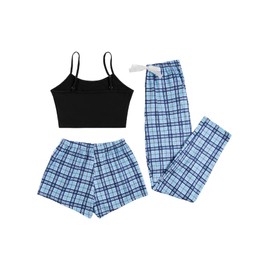 Milumia - Conjunto de pijama de 3 piezas para mujer, pantalones cortos y pantalones cortos a cuadros, Azul/negro, XX-Small