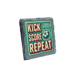 "Kick, Score, Repeat" Soccer-Themed Slate Coaster (slco-ds24-reprg)