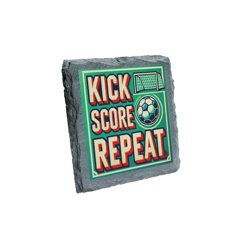 "Kick, Score, Repeat" Soccer-Themed Slate Coaster (slco-ds24-reprg)