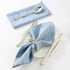 HSOFTIFY 100% Pure Linen Napkins 20x20 Inches Set of 4, Striped Cloth Napkins Washable Farmhouse Dinner Napkins for Home Dining Decor, Party, Wedding, Blue