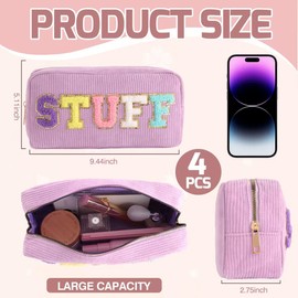 TRIP TIGER 4Pcs Corduroy Makeup Bag with Chenille Letters - Cute Preppy Face Skin Hair Stuff Cosmetic Organizer for Girls, Durable Women Travel Toiletry Pouches