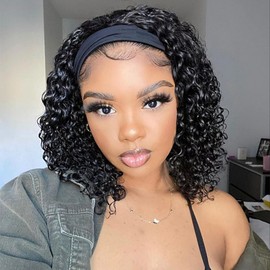 12 Inch Curly Human Hair Wig with Headband for Women Natural Brazilian Human Hair 150% Density Human Hair Deep Wavy Natural Color Glueless Free (12")