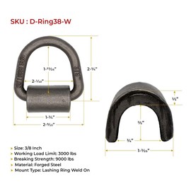 Mytee Products 3/8" Heavy Duty Weld On D Ring - 9,000 LBS Breaking Strength Tie Down Anchor for Truck Bed - Forged D Rings for Trailer