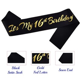 Novaflare It's My 16th Birthday Sash, Black Gold Birthday Sash for 16th Birthday Party Supplies, Birthday Gifts for Girl or Boy 16th Birthday Party Favors