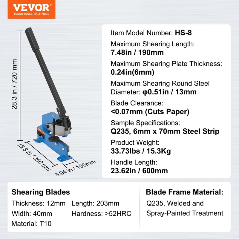 VEVOR Hand Plate Shear 8", Manual Metal Cutter Cutting Thickness1/4
