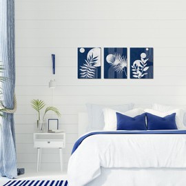 Nachic Wall Minimalist Boho Wall Art Canvas Navy Blue Bathroom Decor Geometric Leaf Painting Mid Century Artwork (Blue)