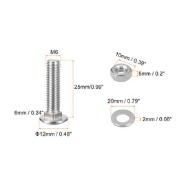 sourcing map M6x25mm Square Neck Carriage Bolts with Nuts & Washers, 12Set 304 Stainless Steel Round Head Square Neck Coach Bolt Screws, Silver Tone