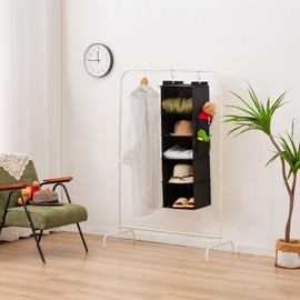 YOUDENOVA Hanging Shelf, Wardrobe Organiser, Hanging Storage with Bamboo Sticks and MDF Panels, Reinforced for Clothes, Space Saving and Foldable, Bamboo Inserts, 5 Compartments, Black