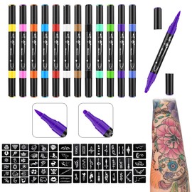 Ponhey Temporary Tattoo Markers for Skin, 12 Body Markers+67 Large Tattoo Stencils,Dual-End Tattoo Pens,Fine Lines with Cosmetic-Grade,Flexible, Skin-Safe Face Paint Kit for Kids Teenage Adults