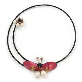 Avalaya Shell Butterfly and Freshwater Pearl Flower Flex Wire Choker Necklace - Adjustable