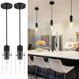 Emak 2 Pack Black Pendant Light Fixtures, Mini Pendant Lighting with Clear Glass Shade, Modern Farmhouse Hanging Lights for Kitchen Island, Bedroom, Bathroom, Sink, PL120-BKBK-2PK