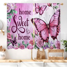 Famiffty Pink Floral Butterfly Kitchen Curtains 27.5W X 39L Inch 2 Panel Rod Pocket Flower Farmhouse Home Sweet Cute Rose Spring Leaves Small Short Cafe Tier Window Drapes Bathroom Home Decor