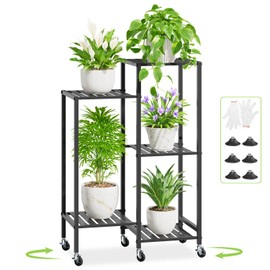 iDavosic.ly 5 Tier Plant Stand Indoor with Wheels, Metal Tiered Corner Flower Holder Shelf Outdoor for Large Pots, Tall Rolling Rack for Patio Porch Garden Balcony Living Room, Modern Black