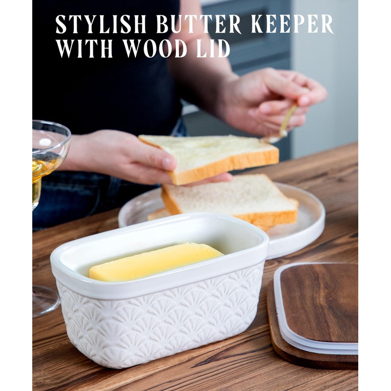 Nucookery Ceramic Butter Dish, Embossed Butter Keeper with Wood Lid