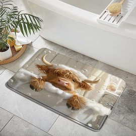 Funny Highland Cow Bath Mat Cute Calf Farm Animal in Bathtub Brown Longhorn Cattle Bubble Rustic Farmhouse Bathroom Rugs Shower Mat Bedroom Kitchen Carpet 17.8x29.5 in