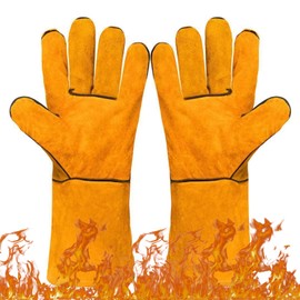 FOSDICK 33cm Welding Gloves Leather BBQ Gloves Fire Heat Resistant Gloves Heat Proof Gloves Long Sleeve Oven Mitts Fire Glove for Pot Holder, Baking, Animal Handling, Fireplace, Grill