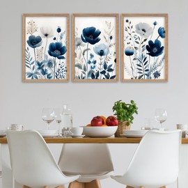 FZMHASLWW Navy Blue Flower Floral Wall Art Decor 16"x11" Set of 3 for Bedroom Wooden Framed Hanging Wall Decoration (Wood)