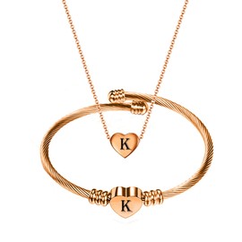 MYNENEY NIBASTAR Heart Name Necklace and Bracelet for Women Stainless Steel A-Z letters Initial Statement Jewelry Set for Mother's Day