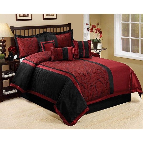 HIG Floral Comforter Set Queen - 7 Piece Jacquard Fabric Patchwork Bedding Set - Burgundy Comforter with 2 Standard Shams,3 Decorative Pillows,1 Bed Skirt - Bed in a Bag (Leticia Burgundy Queen)