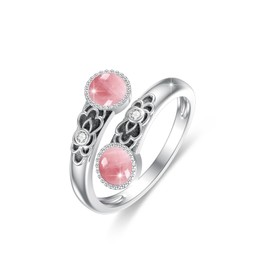 ABIGY Pink Opal Ring 925 Sterling Silver Double Stone Ring Vintage Flower Ring Adjustable Ring Pink Opal Jewellery Gift for Women, Sterling Silver, Cat's Eye