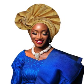 Umailclt Nigerian headwear African headscarf,Auto Gele headband,hand wrap beaded - made for weddings parties events (Golden)