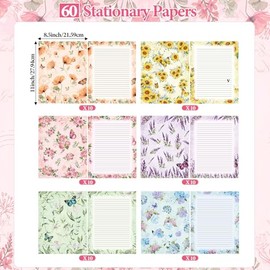 Funrous Juego de 90 piezas de papelería con sobres, 60 hojas de papel floral y 30 sobres, hoja de escritura forrada de 8.5 x 11 pulgadas para el día d