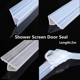 2m Shower Door Seal Strip Frameless Door Sweep Flexible Glass Seal Roll to Stop Shower Leaks, Transparent H Shape (6mm)