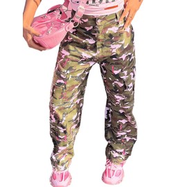 Famnbro Womens Camouflage Pants Straight Leg Camo Cargo Pants Mid Waist Y2K Streetwear Trousers