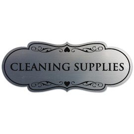 Signs ByLITA Designer Cleaning Supplies Sign - Easy Installation | Durable Wall or Door Sign (Brushed Silver) - Large
